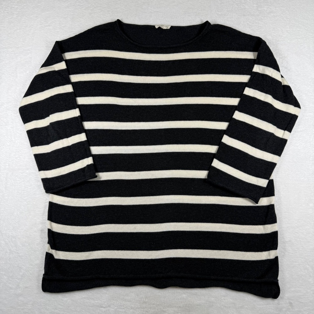 Eileen Fisherβ Organic Cotton Striped Boat Neck Boxy Sweater Black White est XL